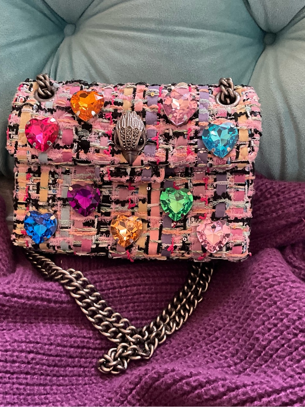 Kurt Geiger Multicolor Tweed Shoulder Bag with Heart Gemstones